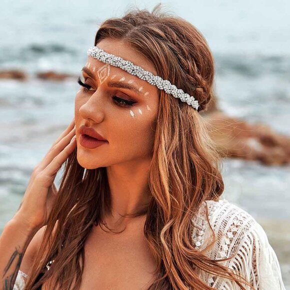 Rhinestone Homecoming Head Chain Jewelry Silver Sparkly Elastic Headband Forehea - Picture 8 of 9